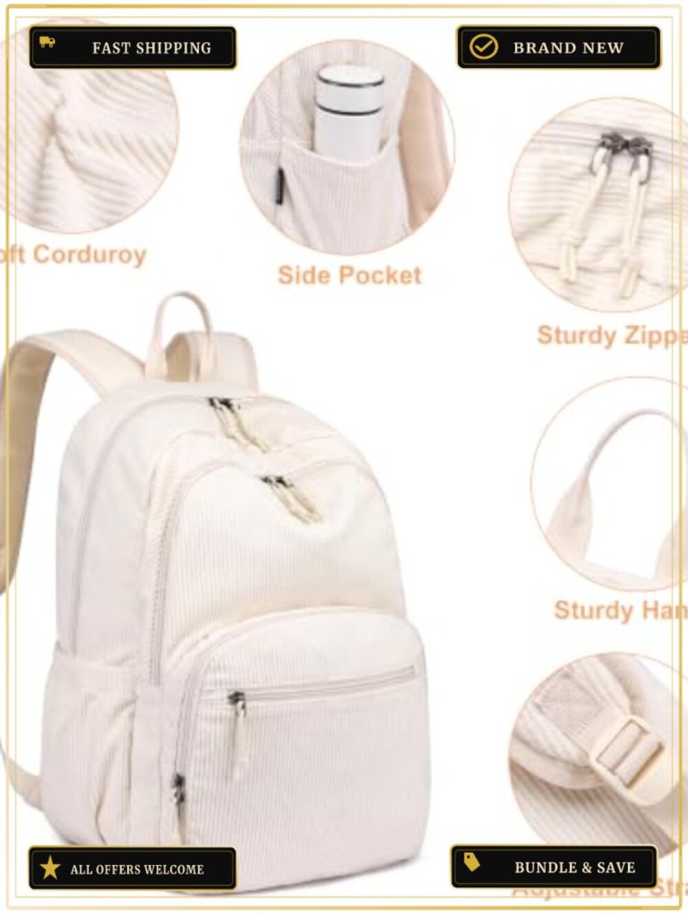Corduroy Backpack for School, 15.6 Inch Laptop Daypack, Lightweight Travel - Picture 3 of 6